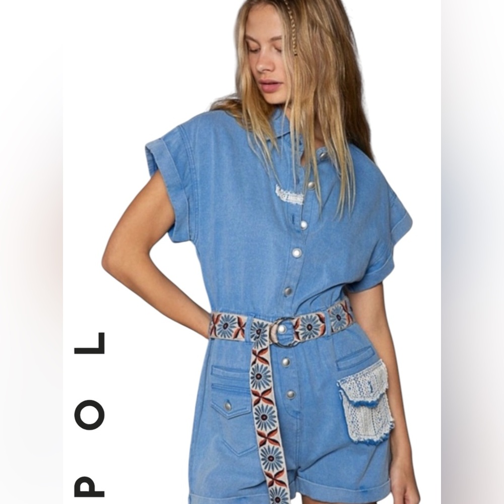 POL Vintage Blue Denim Button-Up Romper with White Lace Details